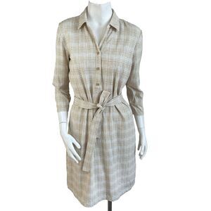 J. McLaughlin Calla Shirt Dress M Tan White Check Catalina Cloth Preppy Office